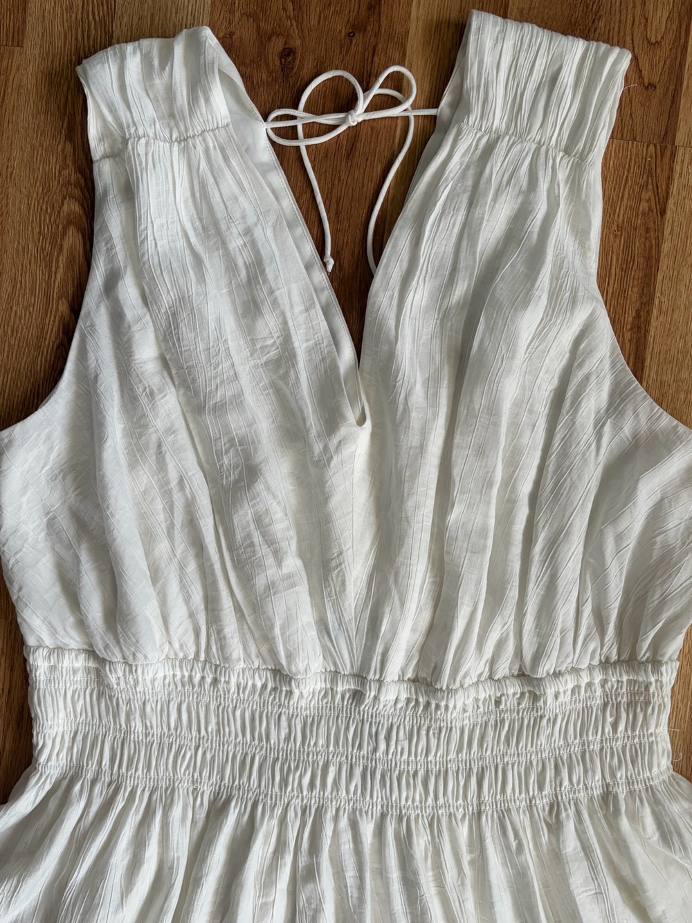 Tahari White Smocked Waist V-Neck Dress